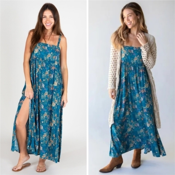 Natural Life Boho Floral Patti Side Slit Blue Dress, XS - Picture 3 of 11